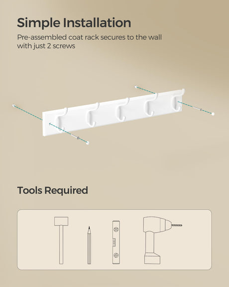 SONGMICS Wall-Mounted Coat Rack, Hook Rack, 5 Dual Metal Hooks, for Coats, Bags, Keys, in The Entryway, Bedroom, Living Room, White ULHR235W01 SONGMICS