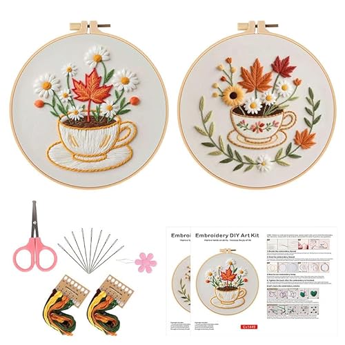 Konrisa Flower Cup Embroidery Kits for Adults,Creative Floral Embroidery Starter Kit DIY Sewing Practice with Hoop,Needlepoint Cross Stitch Kit, Set of 2