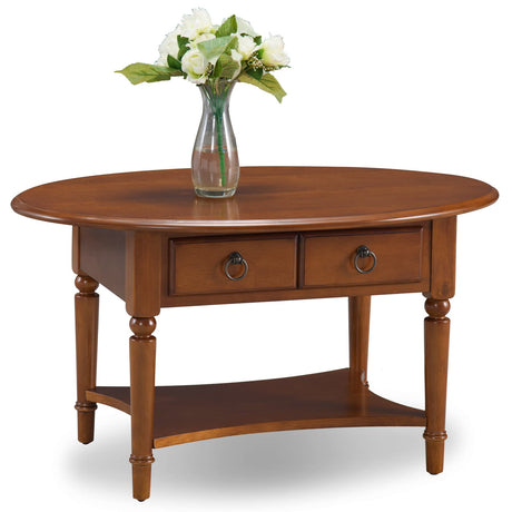 Leick Home Coastal Coffee Table, Solid Wood, Oval, with Drawer and Shelf, Pecan Brown, 20044-PC Leick Home