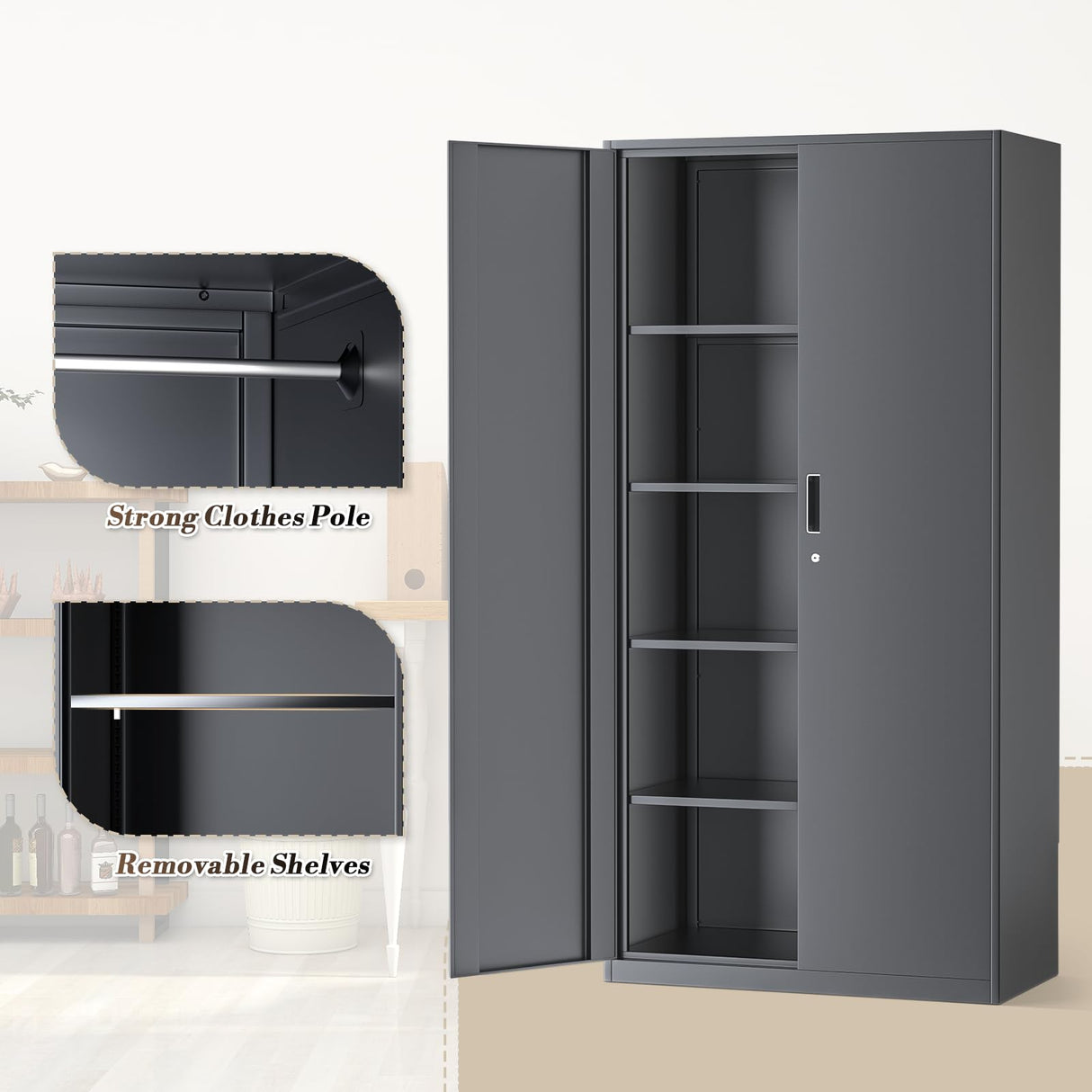 Athena Collection 72" Metal Storage Cabinet, 6 Tier Storage Cabinet with Hanging Rod and Removable Shelves, Lockable Tall Cabinet Tool Storage Unit Cabinet for Office Bedroom Garage, Gray Athena Collection