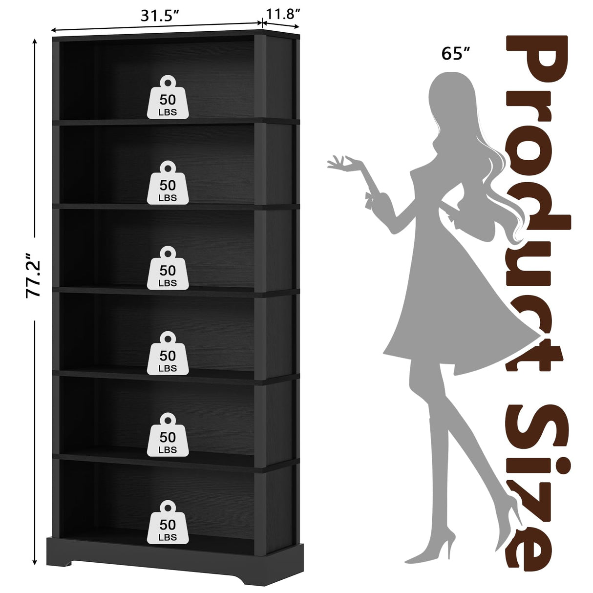 TVU 6-Tier Wooden Bookshelf, 77.2" Tall Farmhouse Style Open Bookcase, 31.5" W Standing Book Shelf with Storage, Suitable for Study, Living Room, Office, Blcak TVU