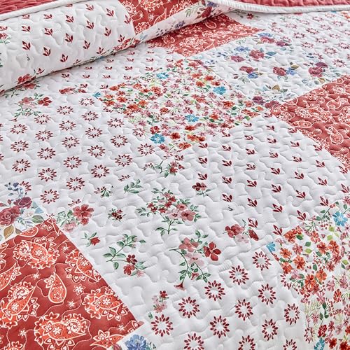 Joyreap 3 Pieces Floral Patchwork Quilt Set Twin, Burgundy Red n White Flowers Design, Smooth Soft Microfiber Quilt, Bedspread Bed Cover for All Season, 90x90 inches Joyreap