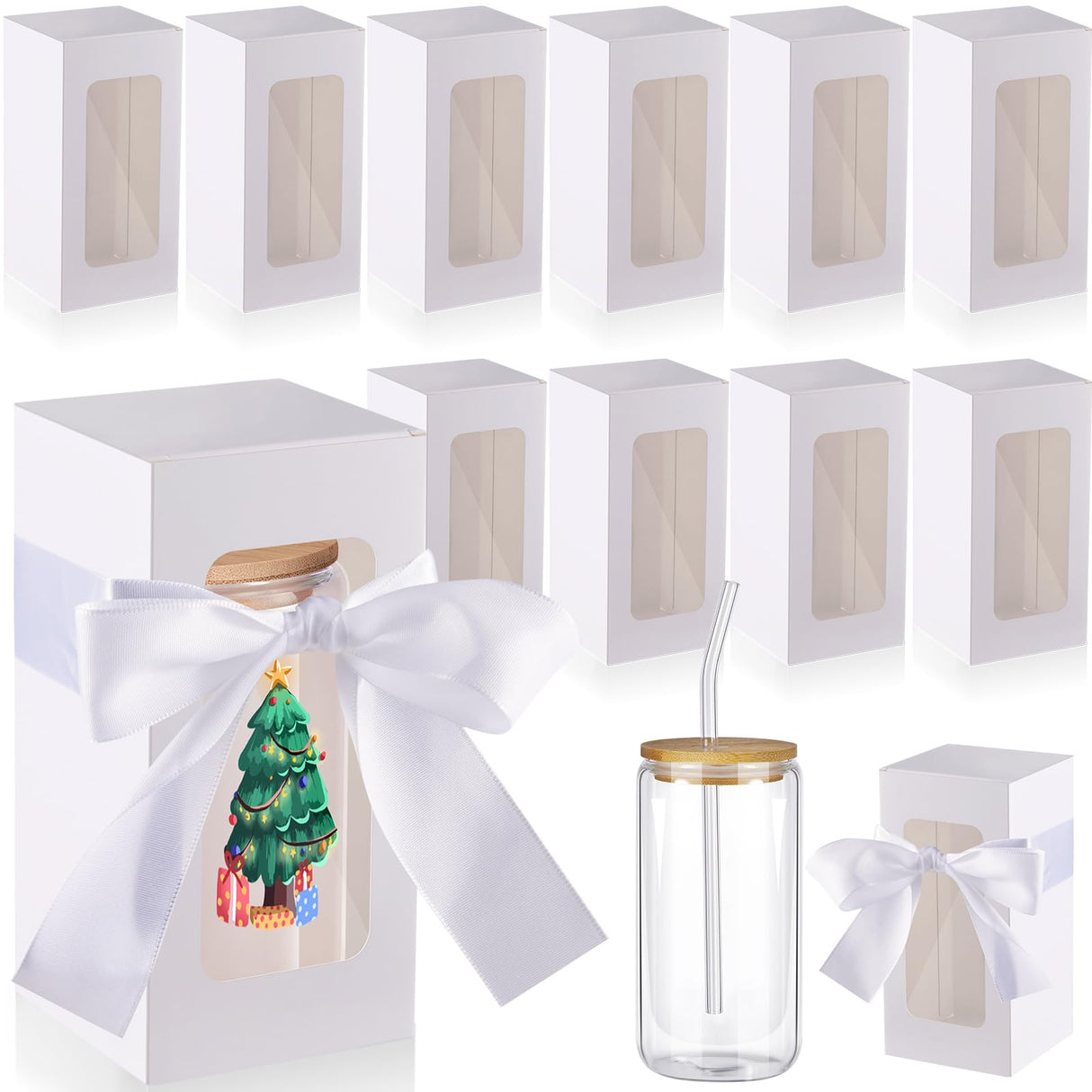 Fulmoon 12 Sets Sublimation Glass Gift Boxes Christmas Thank You Glass Cup Boxes with Ribbon Gift Wrap Boxes for Thanksgiving Christmas Shipping Blanks Sublimation Gift Wrapping (White) Fulmoon