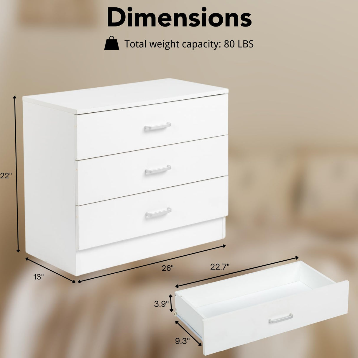 Karl home White 3 Drawer Dresser for Bedroom, Small Nightstand Modern Storage Chest of Drawer Wooden Side Table End Table for Bedroom, Living Room, Reception Room Karl home