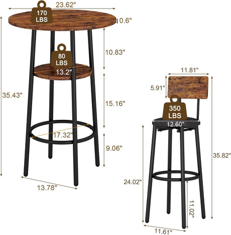 ILCQU 3-Piece Dining Table Set for 2, Small Round Kitchen Table with 2 Chairs, Counter Height Bar Table with Storage, Pub Table and PU Upholstery Stools for Small Space, Apartment, Bistro-Brown ILCQU