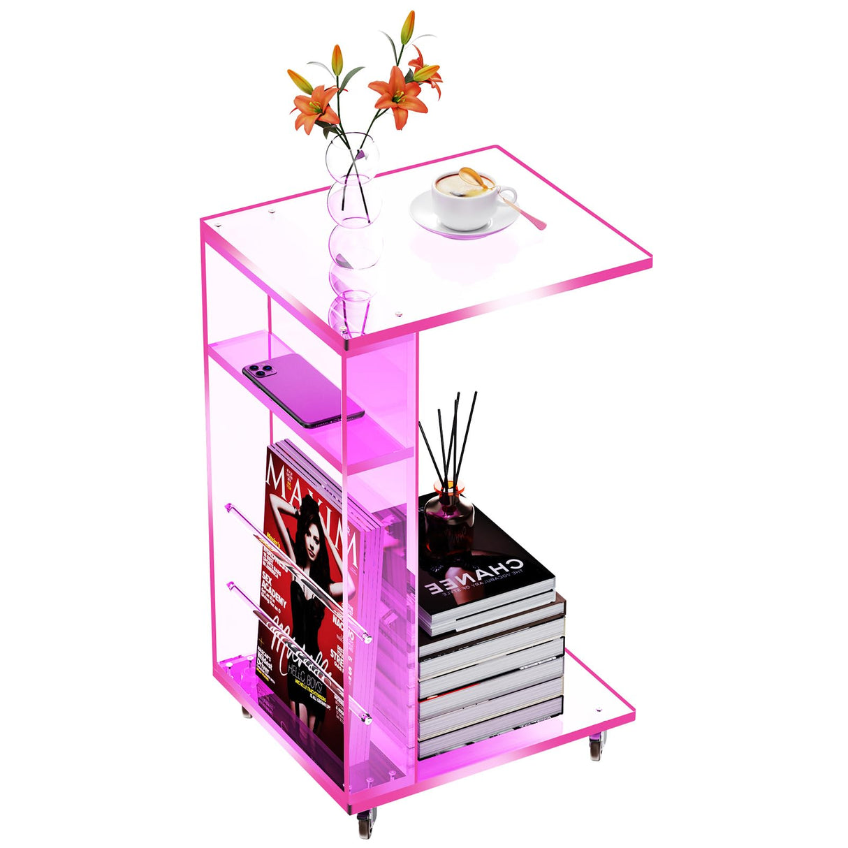 Clear Acrylic Side Table on Lockable Wheels, C Shaped End Table for Sofa, Small Coffee Tables for Small Spaces (Pink) Acrylicolor