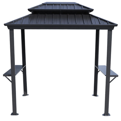 Kozyard 6’ x 8’ BBQ Hardtop Grill Gazebo, Outdoor Barbecue Gazebo with Double Galvanized Metal Roof, Aluminum BBQ Gazebo with 2 Side Shelves for Outdoor Grilling Station (Gray/Hardtop)