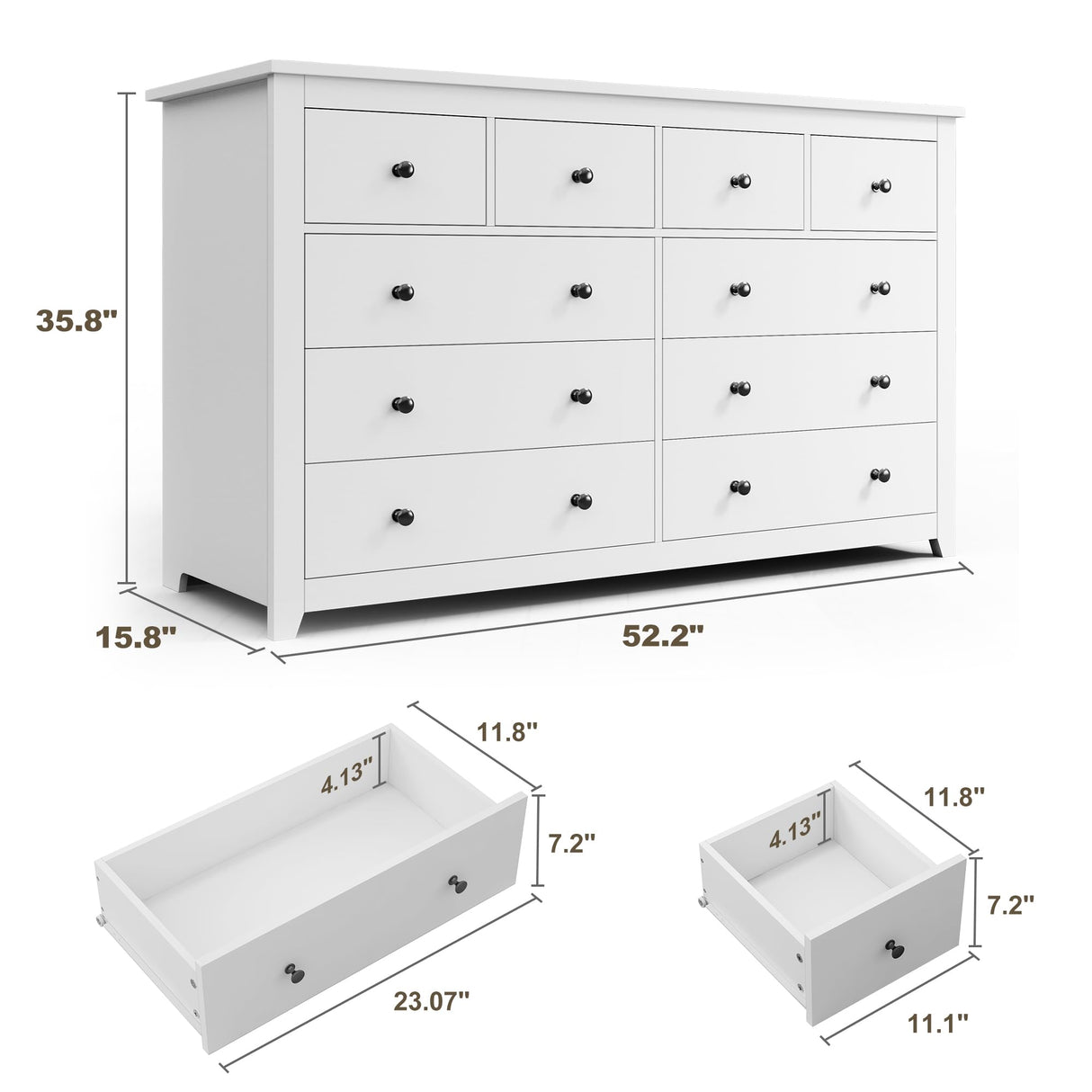 EnHomee White Dresser, Dresser for Bedroom with 10 Drawers Wood Dresser with Smooth Metal Rail, Large Dressers & Chests of Drawers Wide Dresser, White 52.2W*15.8" D*35.8" H EnHomee