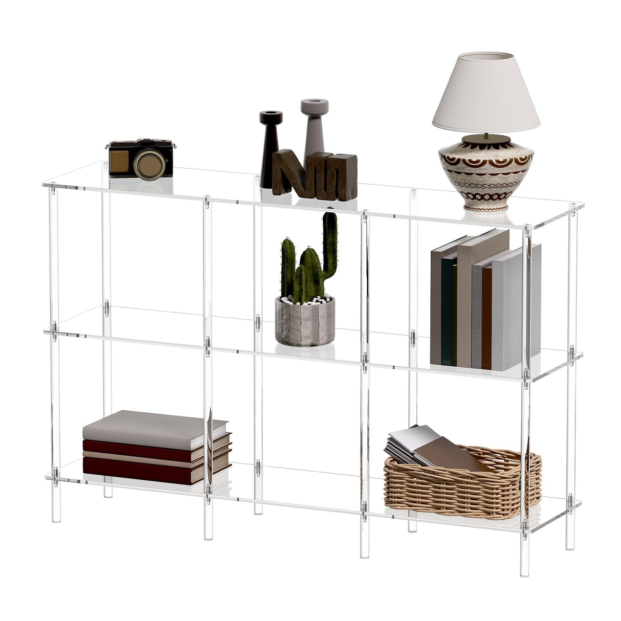 CRTERICX Acrylic Horizontal Bookshelf, 11.8" D x 47.2" W x 31" H, 3-Tier Clear Low Book Shelf with Large Storage, Multipurpose Bookcase for Living Room, Bathroom, Office, Easy Assembly CRTERICX