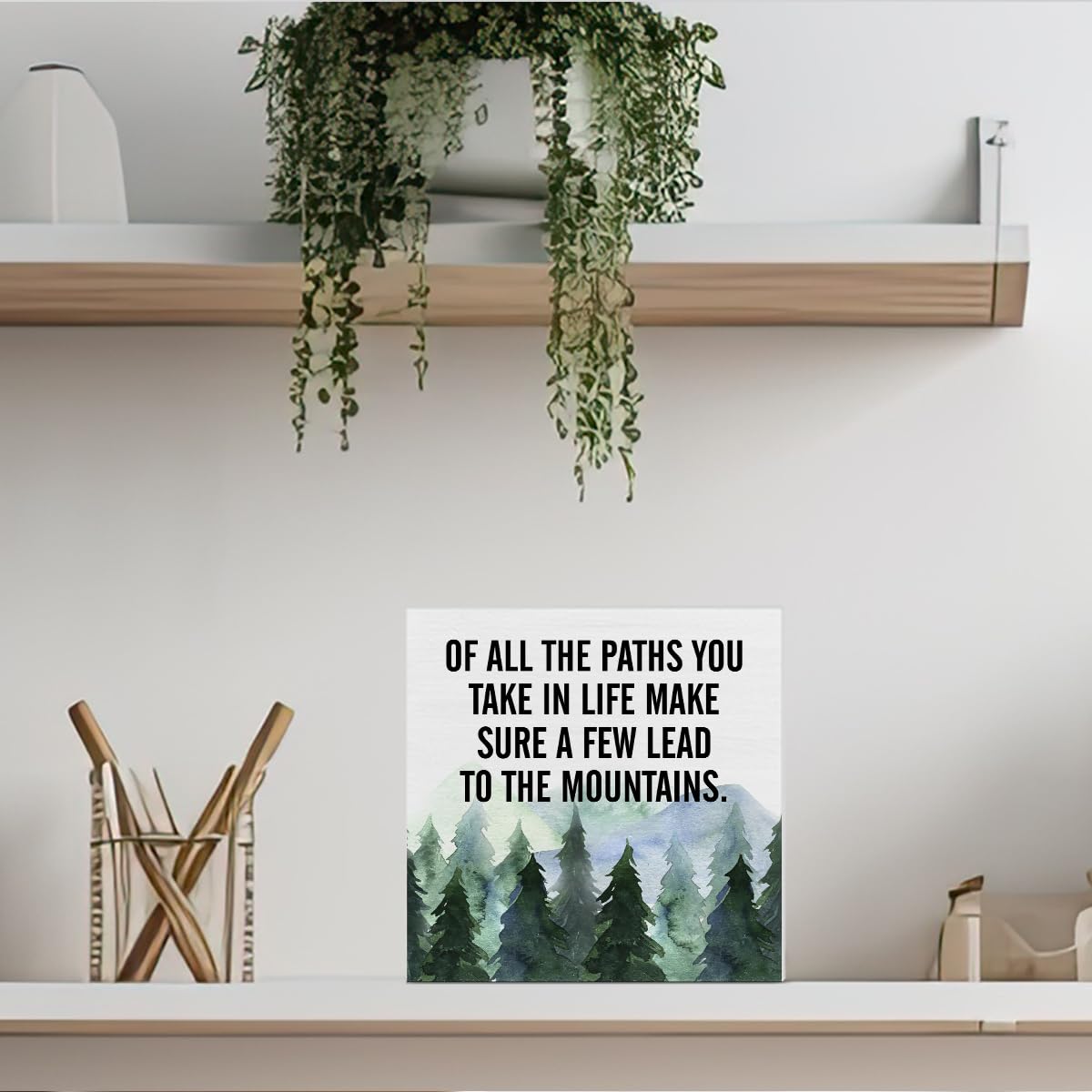Inspirational Quote Desk Wooden Sign Decor of All the Paths You Take in Life Square Wood Sign Desk Decoration Watercolour Mountain Art Wood Block Box Sign for Shelf Home 5 x 5 Inches YXSEZ