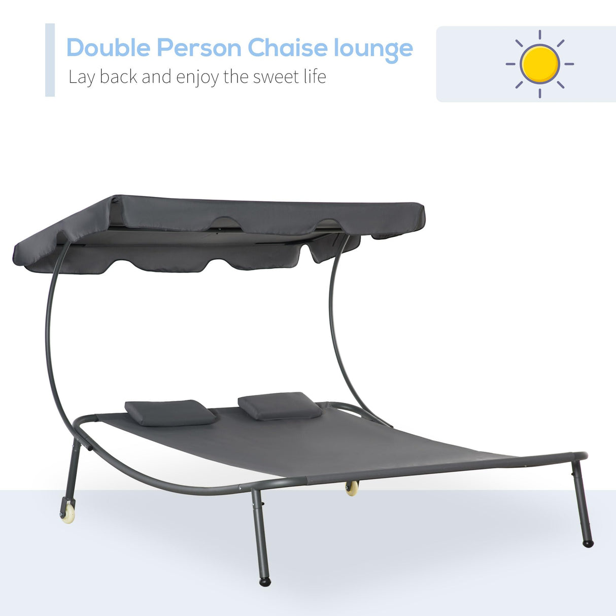 Outsunny Patio Double Chaise Lounge Chair, Outdoor Wheeled Hammock Daybed with Adjustable Canopy and Pillow for Sun Room, Garden, or Poolside, Grey Outsunny