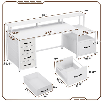 SEDETA White Computer Desk with 5 Drawer & Power Outlet, 66'' Home Office Desk with File Drawer, Storage Shelves, Printer Cabinet and Monitor Shelf, Gaming Desk with Led Lights - WoodArtSupply