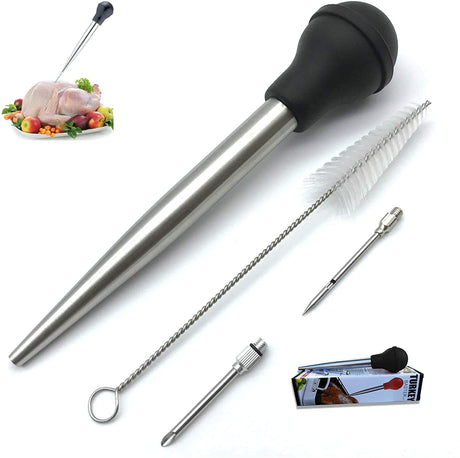 Turkey Baster for Cooking, Stainless Steel Turkey Baster Syringe with Cleaning Brush and Marinade Injector, Black iKusor