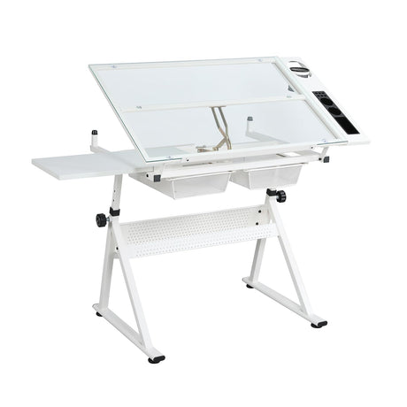 Gaderth Drafting Table w/Stool, Height Adjustable Drawing Table, Multifunctional Art Craft Paintings Work Station w/2 Storage Drawers Artists Desk Tilting Glass Tabletop for Home Office, White Gaderth