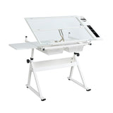 Drafting Table w/Stool, Height Adjustable Drawing Table, Multifunctional Art Craft Paintings Work Station w/2 Storage Drawers Artists Desk Tilting Glass Tabletop for Home Office White MilleLoom