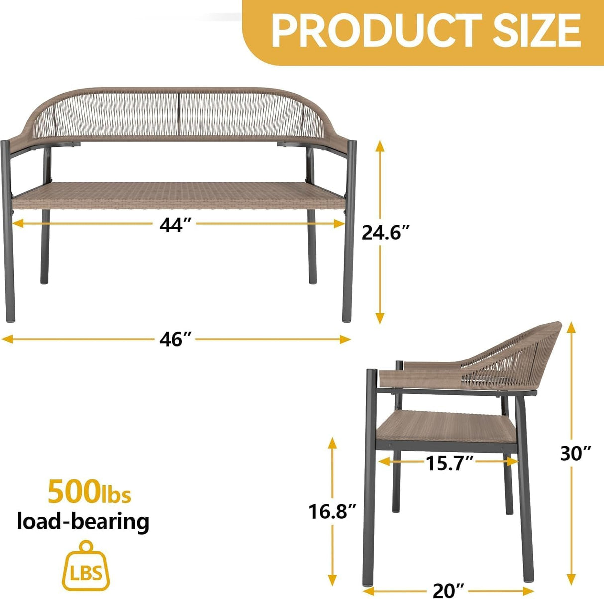 OPENAIRCOMFORT Outdoor Loveseat Bench,46.8 Inches Wicker Frame Patio Bench, All Weather Outdoor Bench with Rattan Backrest Armrests and Metal Legs for Lawn, Front Porch, Park, Yard OPENAIRCOMFORT