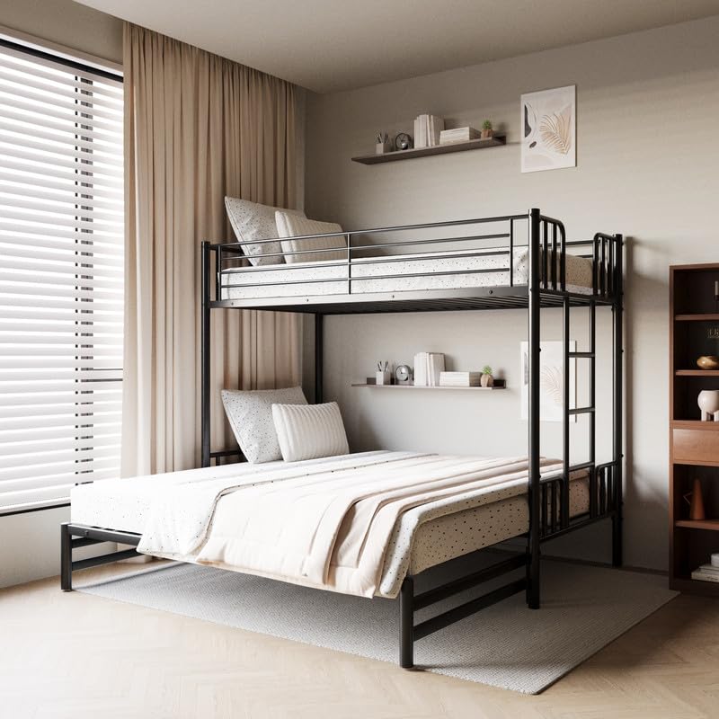 Twin Metal Bunk Bed with Pull-Out Trundle, 3-in-1 Convertible for Teens/Adults, Heavy Duty Space-Saving Design, Ladder & Guardrails, No Box Spring Needed, Easy Assembly NeoTechEra