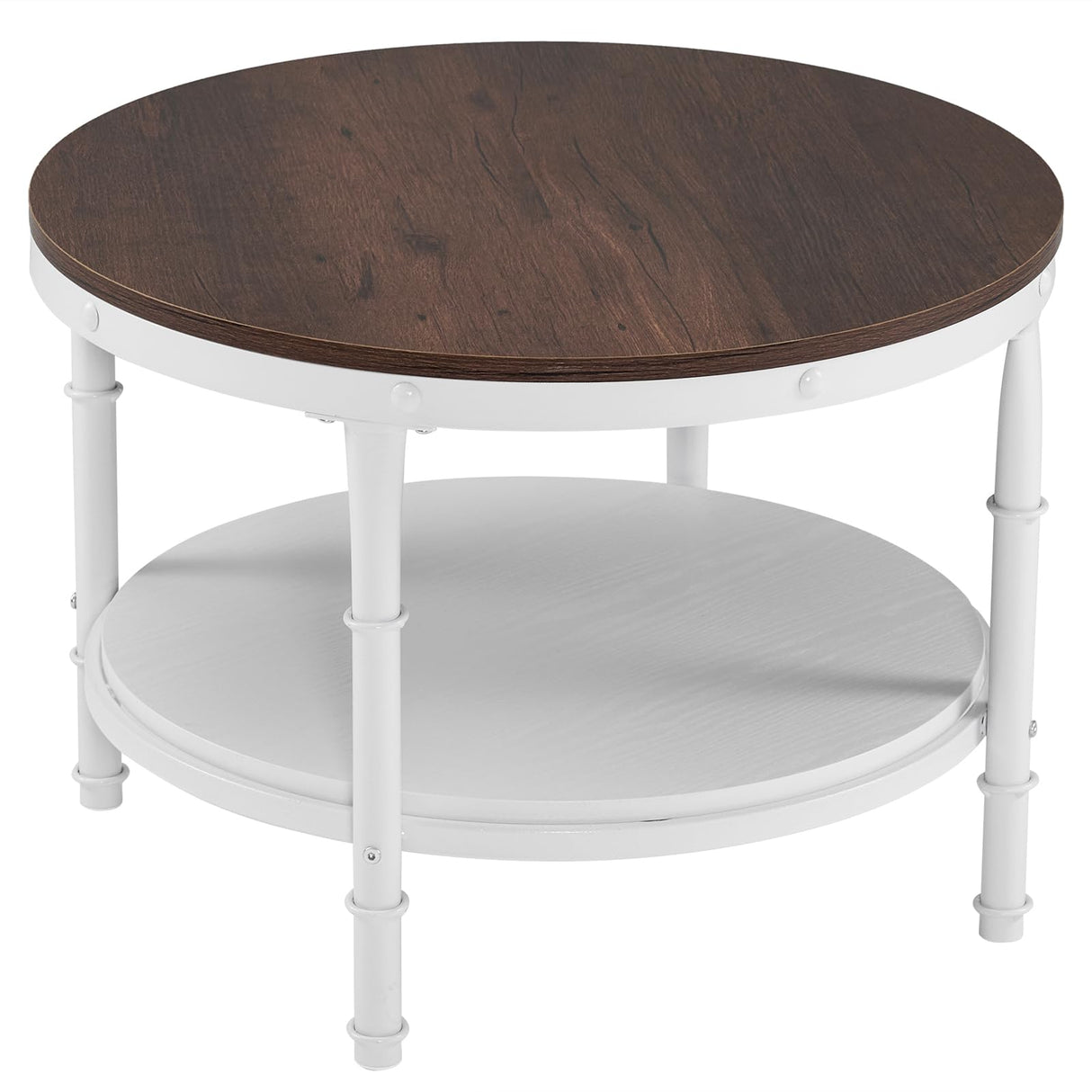 VINGLI 25.6" Rustic Oak White Round Farmhouse Coffee Table, 2-Tier Storage Wood Center Circle Accent Table for Living Room, Bedroom, Apartment, Studio and Small Spaces, Sturdy Metal Frame VINGLI