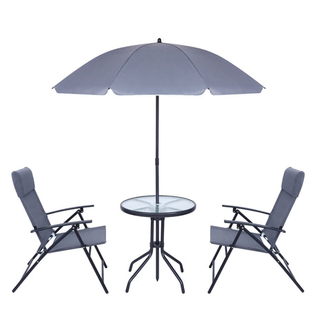 JOYTIO 4 Piece Patio Dining Set, Outdoor Garden Furniture Bistro Set with Tilted Removable Umbrella, 2 Folding Chairs, and Round Glass Table (Grey) JOYTIO