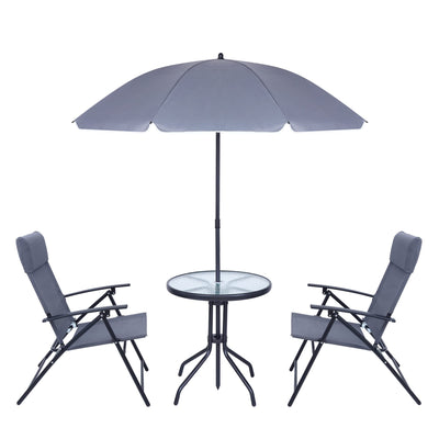 JOYTIO 4 Piece Patio Dining Set, Outdoor Garden Furniture Bistro Set with Tilted Removable Umbrella, 2 Folding Chairs, and Round Glass Table (Grey)