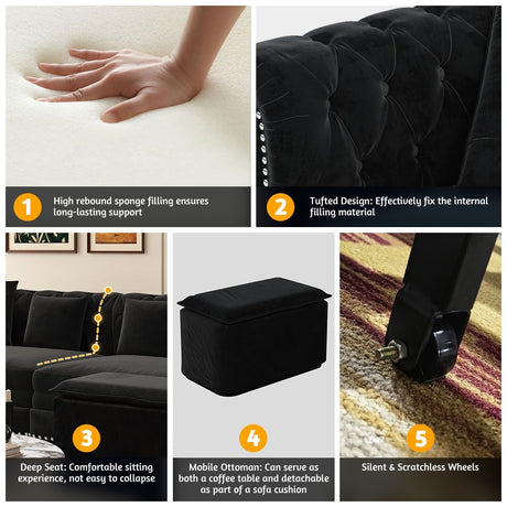 Tabaray 89'' Pull 0ut Sofa Bed King, Chesterfield Velvet Sleeper Sofa, Convertible L-Shaped Futon Couch, Tufted Back, 4 Pillows, Ottoman, Deep Seat Loveseat Couches for Living Room, Apartment, Black Tabaray