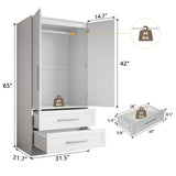 iPormis Armoire Wardrobe Closet with 2 Drawers, Modern Wooden Bedroom Armoire with Doors, Clothing Storage Cabinet with Aluminum Hanging Rod, Wardrobe Storage with Strong Door Closure, White iPormis
