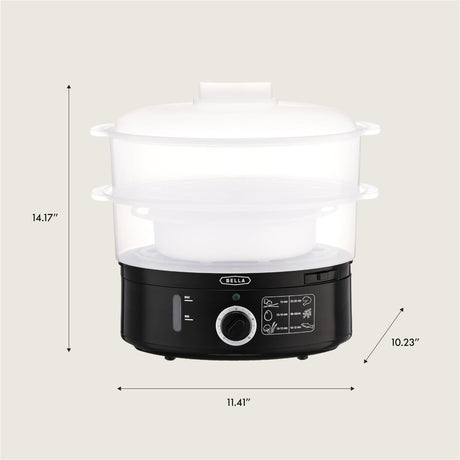 BELLA Two Tier Food Steamer with Dishwasher Safe Lids and Stackable Baskets & Removable Base for Fast Simultaneous Cooking - Auto Shutoff & Boil Dry Protection, Stainless Steel, 7.4 QT, Black BELLA