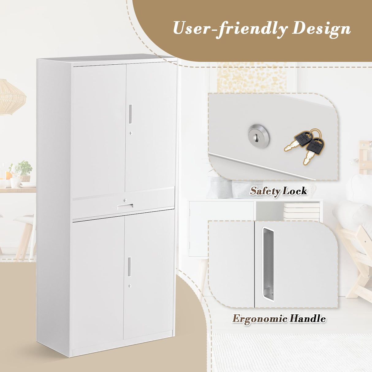 Athena Collection 4 Tier Metal Storage Cabinet with Drawer, 71" Garage Storage Cabinet with Adjustable Shelves, Lockable File Tool Tall Cabinet for Home Office Garage, White Athena Collection