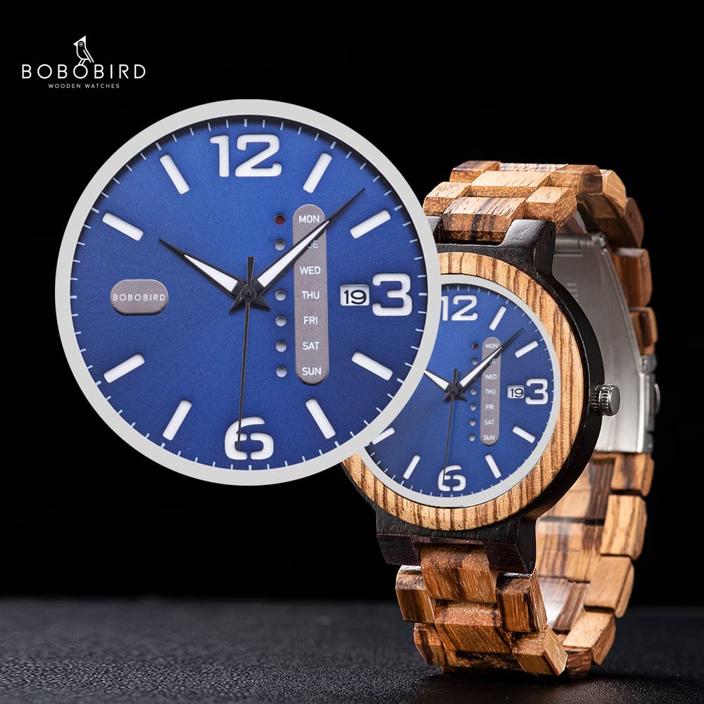 BOBO BIRD Week and Date Multi-Functional Display Men's Zebra Wooden Quartz Watch Lightweight Handmade Casual Wristwatches with Gift Box (Blue Dial) BOBO BIRD
