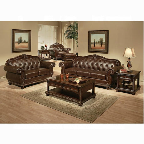 Top Grain Leather Traditional 4-Piece Formal Living Room Set: Luxury Sofa, Loveseat, Single Chair and Coffee Table, Espresso Match with Cherry Finish, Button Tufted Back & Nailhead Trim Generic