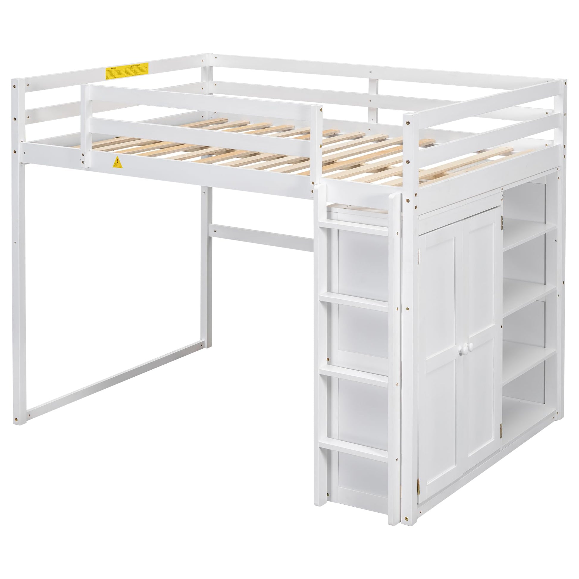 Linique Full Size White Loft Bed with LED Light and Built-in Wardrobe - WoodArtSupply