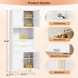 JHYKFG 75" Tall Kitchen Pantry Cabinet,Metal Storage Cabinets with 2 Drawers and Adjustable Shelves,Freestanding Display Cupboard for Dining Room,Living Room,Hallway,Bathroom,White JHYKFG