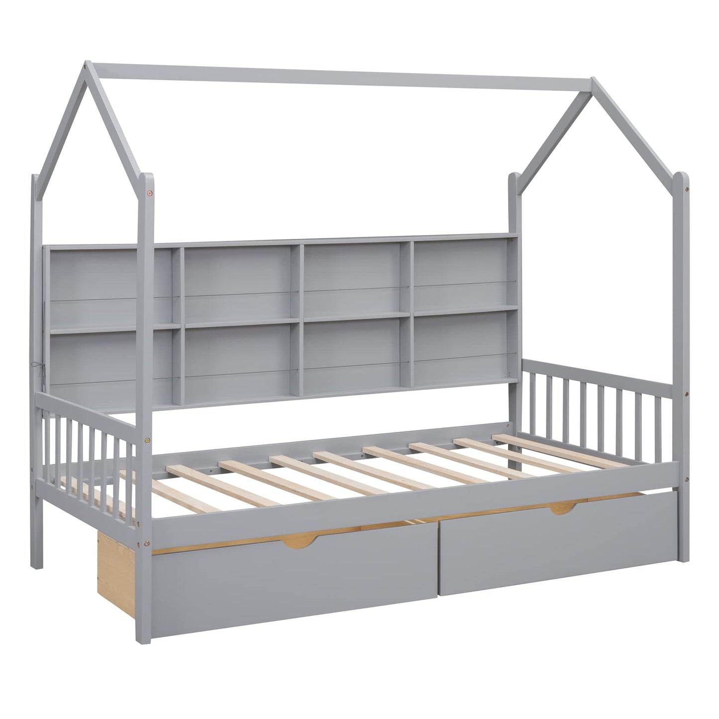 Bellemave Twin Size House Bed with Storage Drawers and Shelves - Gray Montessori Playhouse Frame for Kids - WoodArtSupply