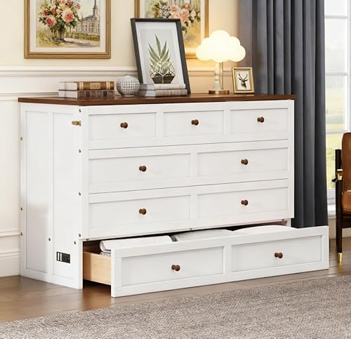 Bellemave Full Murphy Bed with Storage Drawer and Charging Station, Cabinet Bed, Farmhouse Murphy Cabinet with Foldable Panel, Noisy Free, for Guest Bedroom, Living Room, Walnut+Walnut Bellemave