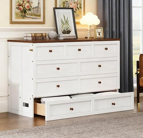 Bellemave Full Murphy Bed with Storage Drawer and Charging Station, Cabinet Bed, Farmhouse Murphy Cabinet with Foldable Panel, Noisy Free, for Guest Bedroom, Living Room, Walnut+Walnut Bellemave