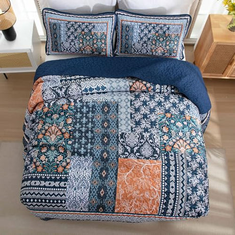 WONGS BEDDING Navy Blue Quilt Set King Size,Bohemian Patchwork Bedspread Coverlet Set, Reversible Farmhouse Floral Pattern Bedspreads Bedding Set for All Seasons (104"x90") WONGS BEDDING