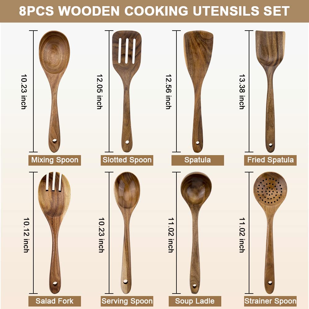 WOODME Kitchen Utensils Set 8 Piece Teak Wooden Cooking Utensil Set Non-Stick Pan Wood Spoons and Spatula Cookware for Home Everyday Use &Kitchen Tools WOODme