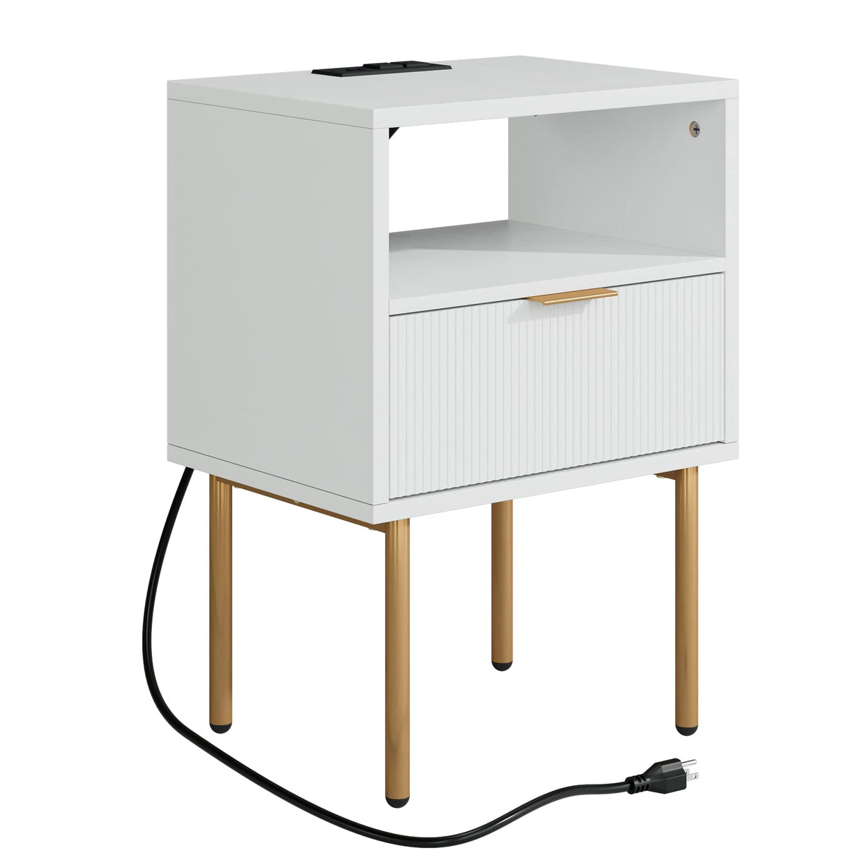 Masupu Nightstand with Charging Station,Mid-Century Modern Bedside Table with Storage Drawer and Open Wood Shelf,Small Gold Frame Side Table for Bedroom,Living Room (White) Masupu