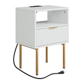 Masupu Nightstand with Charging Station,Mid-Century Modern Bedside Table with Storage Drawer and Open Wood Shelf,Small Gold Frame Side Table for Bedroom,Living Room (White) Masupu