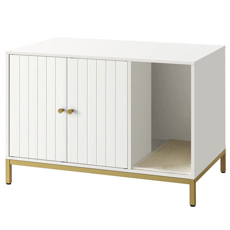 Feandrea Litter Box Enclosure, Modern Cat Litter Box Furniture Hidden, with Scratching Mat, Tall Legs, Cat House, Side End Table, 31.5 x 19.7 x 21.7 Inches, White and Gold UPCL007W01 Feandrea