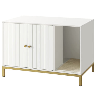Feandrea Litter Box Enclosure, Modern Cat Litter Box Furniture Hidden, with Scratching Mat, Tall Legs, Cat House, Side End Table, 31.5 x 19.7 x 21.7 Inches, White and Gold UPCL007W01