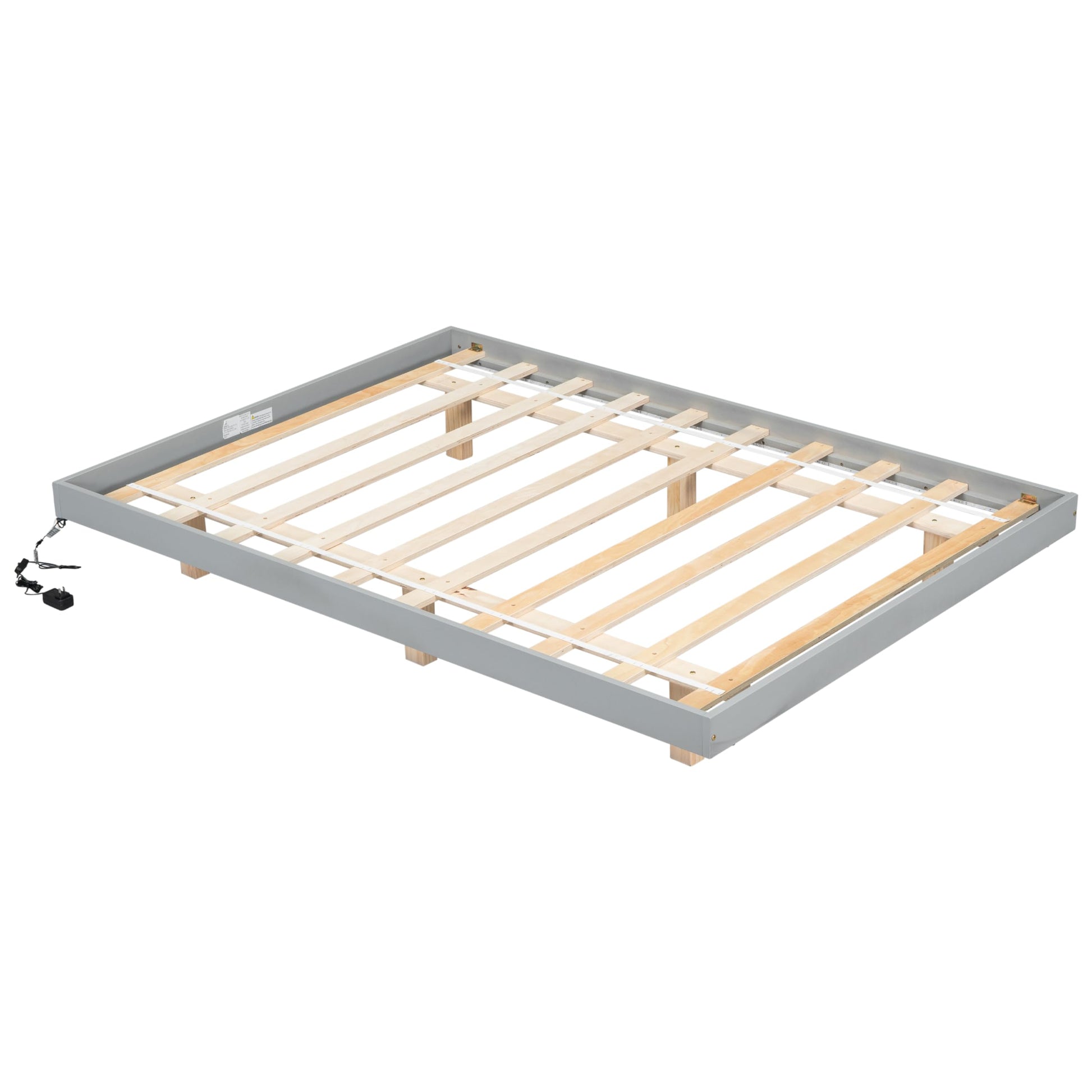 Floating Full-Size Bed Frame with LED Lights in Grey – Modern Low Profile Design with Solid Pine Wood Construction - WoodArtSupply