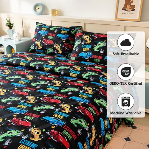 MCO Kids Full Size Bed Sheets, Soft Microfiber Full Size Sheets for Boy Girls, 4 Pieces Breathable Full Bed Sheet Race car Black MCO