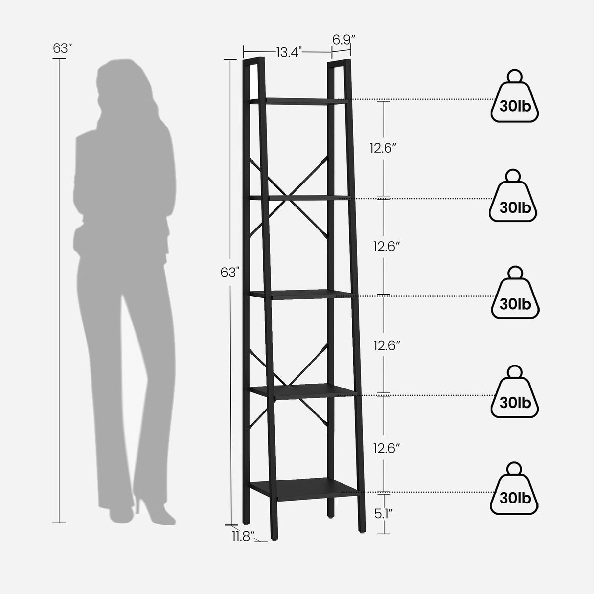 Hzuaneri Ladder Shelf, Bookshelf Bookcase, Freestanding Corner Storage Shelve with 2 Hooks for Home Office, Living Room, Kitchen, Bedroom, Industrial, 5-Tier Black BC03204B Hzuaneri