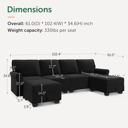 HONBAY Sectional Sofa with Storage Seat Velvet U Shaped Sectional Couch with Reversible Chaise Convertible Sectional Couches for Living Room,Black