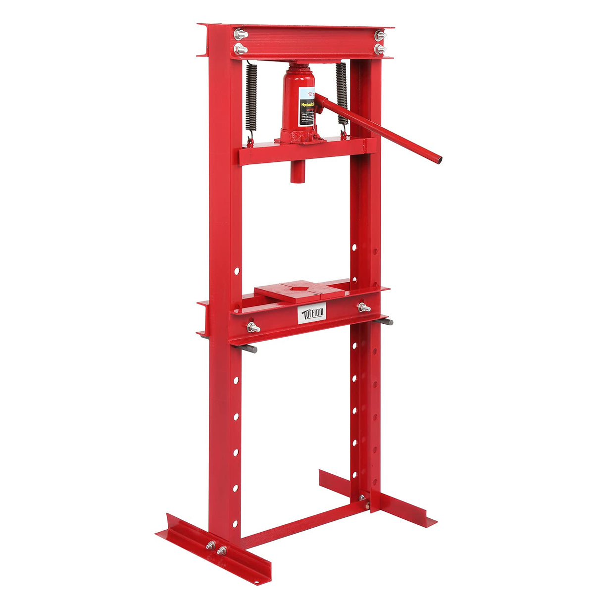 TUFFIOM 12-Ton Hydraulic Shop Press with Press Plates, H-Frame Garage Floor Press, Adjustable Working Table Height, 24.8”L x 15.35”W x 51.4”H TUFFIOM