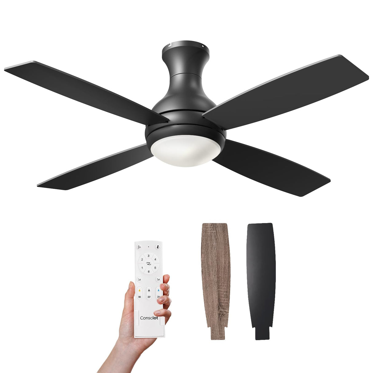 Consciot 52 Inch Ceiling Fan With Lights, Modern Black Ceiling Fan, Remote Control, Quiet Reversible DC Motor, Flush Mount, Dimmable 3CCT LED Light, Double Finish Blade, For Indoor Bedroom Living Room Consciot