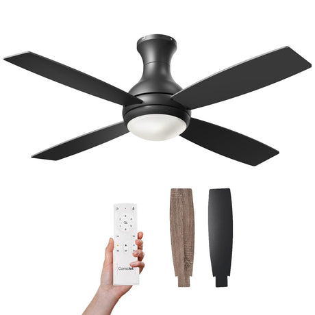 Consciot 52 Inch Ceiling Fan With Lights, Modern Black Ceiling Fan, Remote Control, Quiet Reversible DC Motor, Flush Mount, Dimmable 3CCT LED Light, Double Finish Blade, For Indoor Bedroom Living Room Consciot