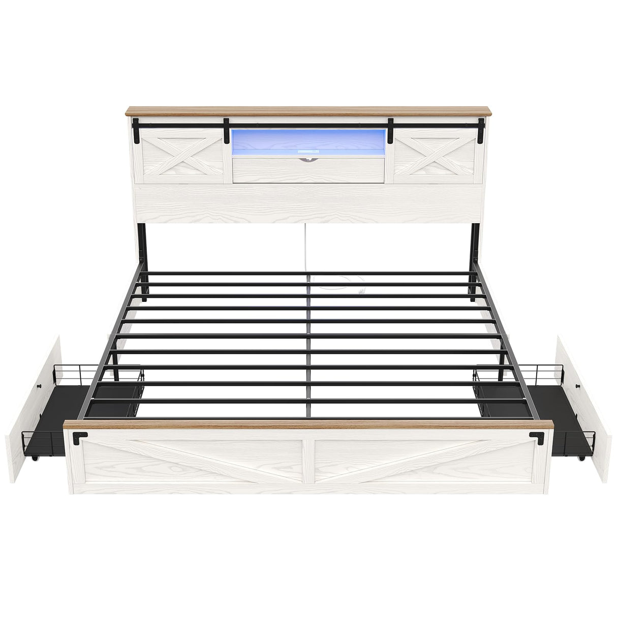 Hasuit Farmhouse Bed Frame King Size with Storage Bookcase Headboard, Wooden King Bed with LED Lights, Charging Station, 2 Drawers, Country Rustic Bed Frame with Sliding Barn Door Hasuit
