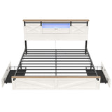 Hasuit Farmhouse Bed Frame King Size with Storage Bookcase Headboard, Wooden King Bed with LED Lights, Charging Station, 2 Drawers, Country Rustic Bed Frame with Sliding Barn Door Hasuit